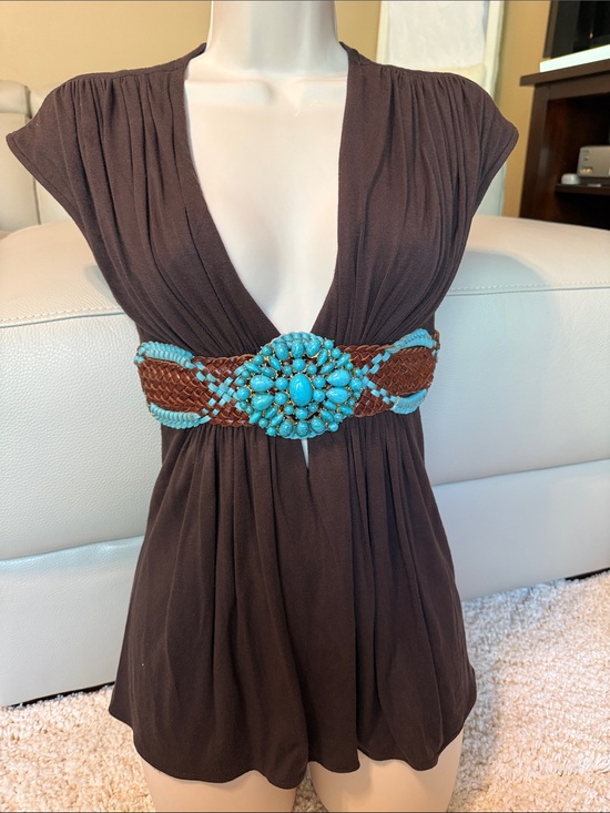 Sky Tops - Sky Brown Tank Top Turquoise gold Beaded jewels small leather v neck cap sleeve